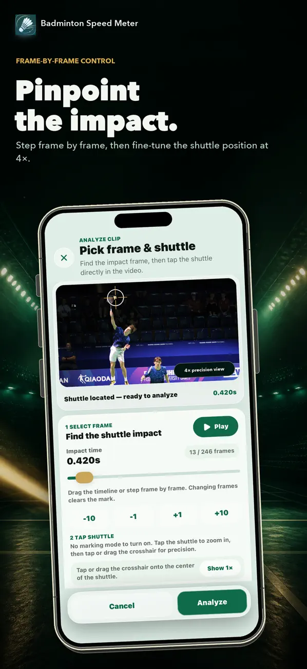 Official App Store preview showing frame-by-frame impact selection and magnified shuttle marking.
