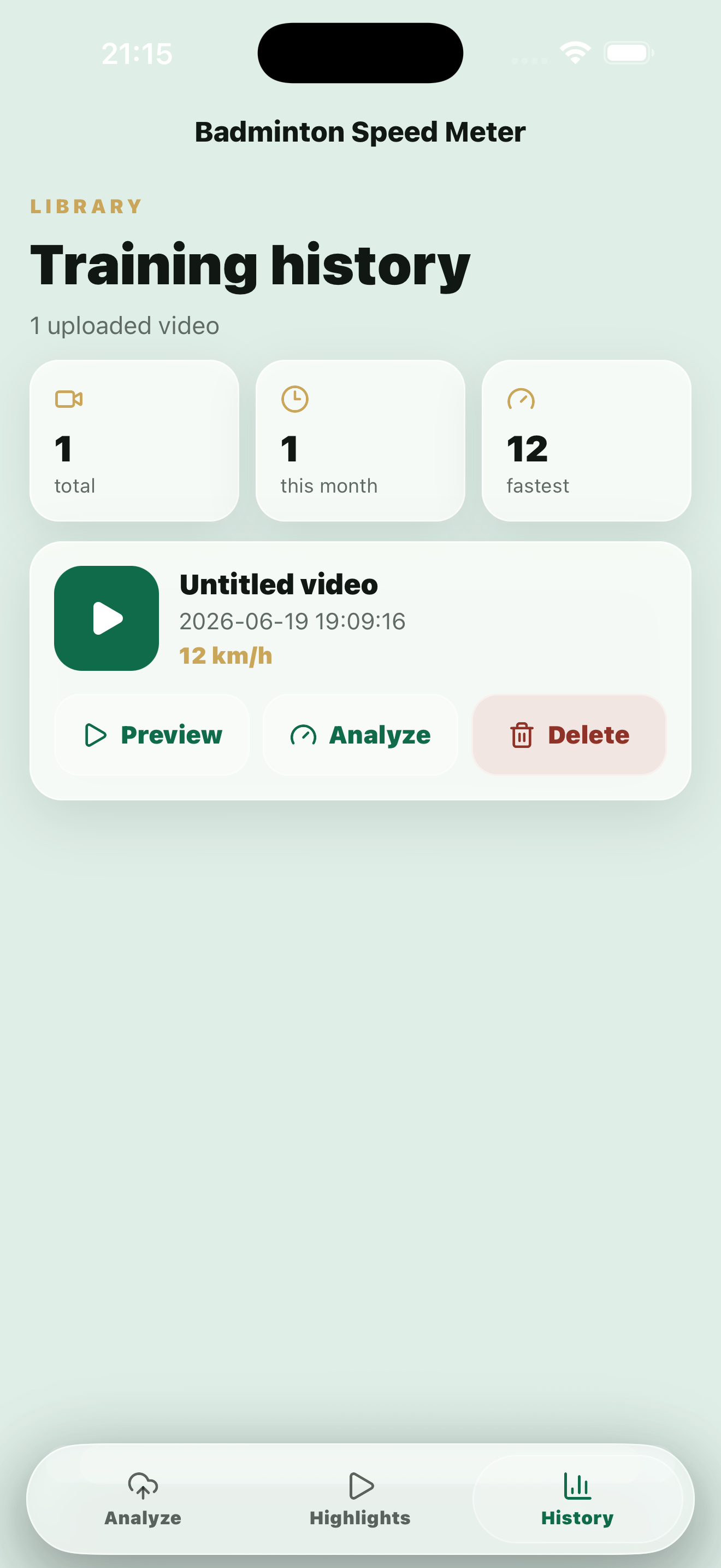 History screen containing previous training videos and speed results.