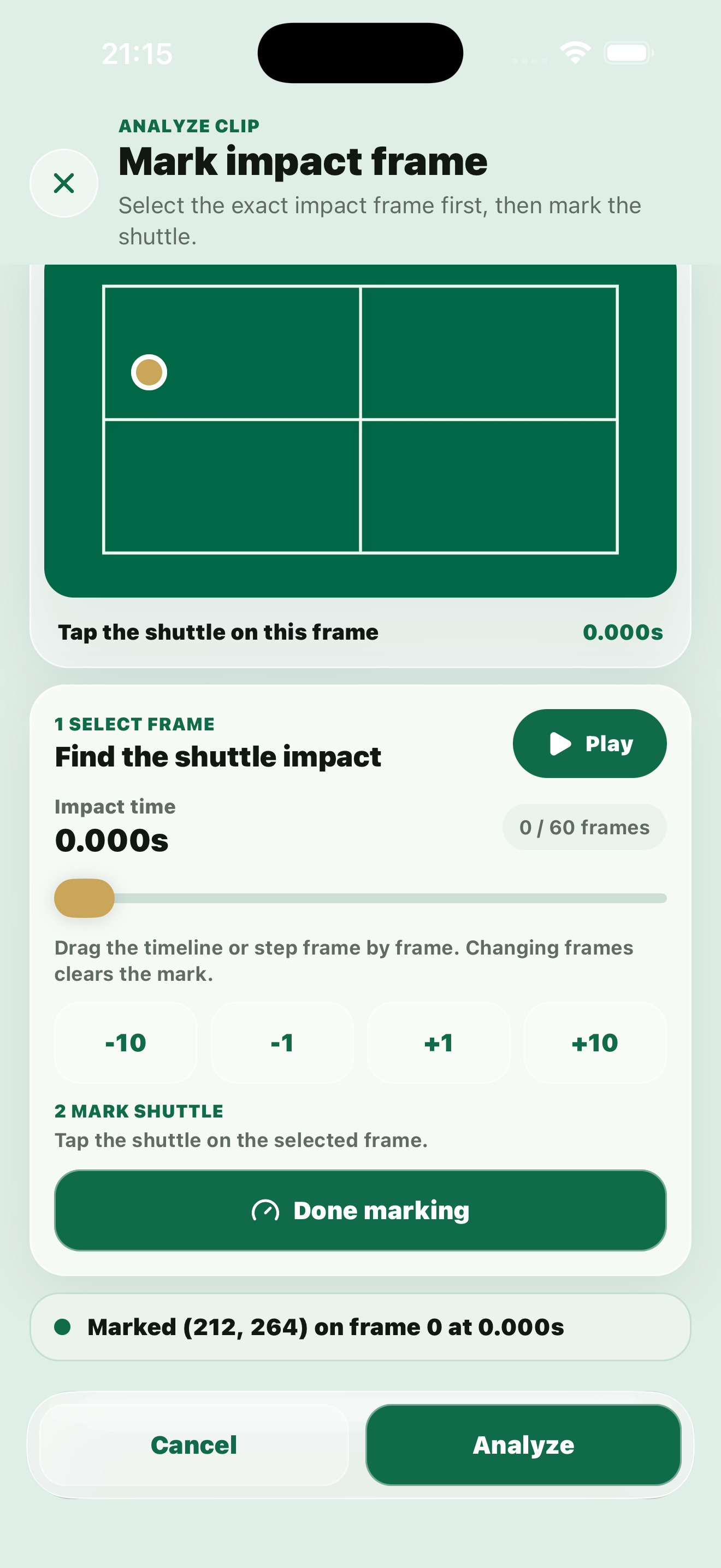 Screen for selecting the exact impact frame and marking the shuttle.