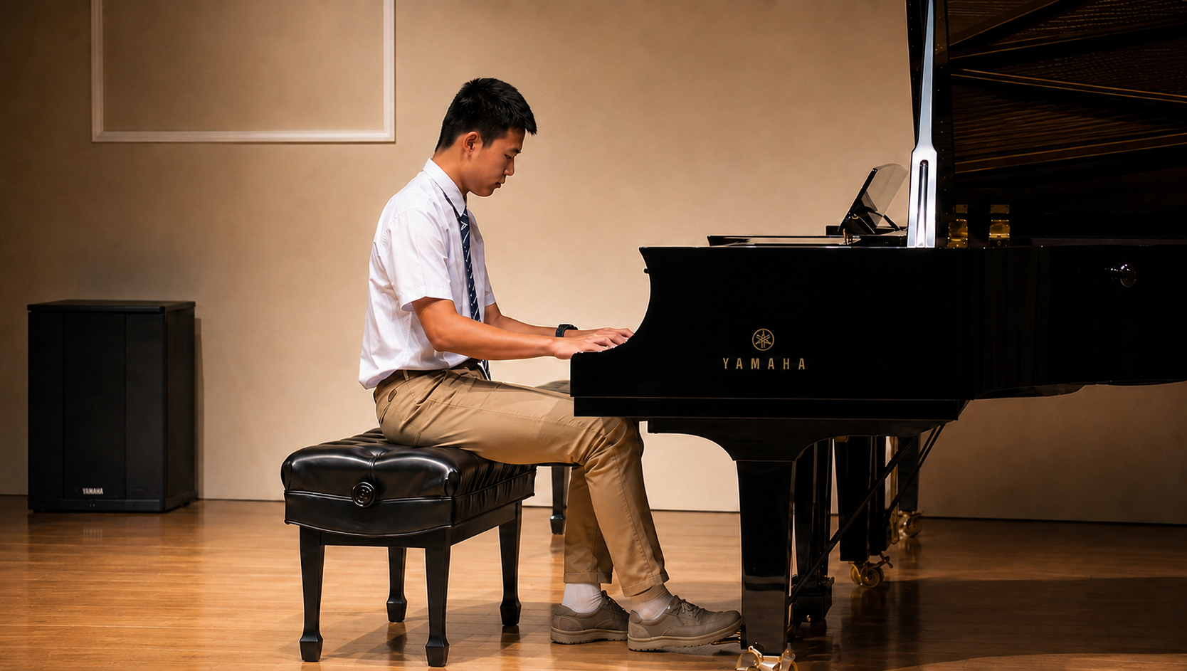Keshu playing piano on stage.